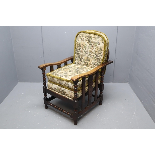 548 - Antique Adjustable Spindle Backed Arm Chair, With Three Cushions Depicting Horseback Scene. Approx 3... 