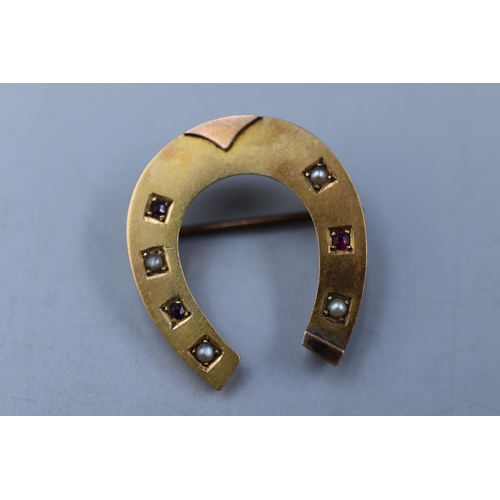 4 - 15ct Gold Hallmarked Chester Horseshoe Brooch with Seed Pearl and Ruby Setting