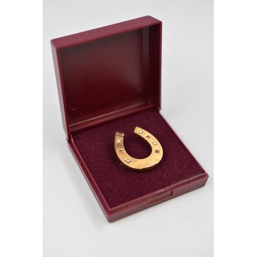 4 - 15ct Gold Hallmarked Chester Horseshoe Brooch with Seed Pearl and Ruby Setting