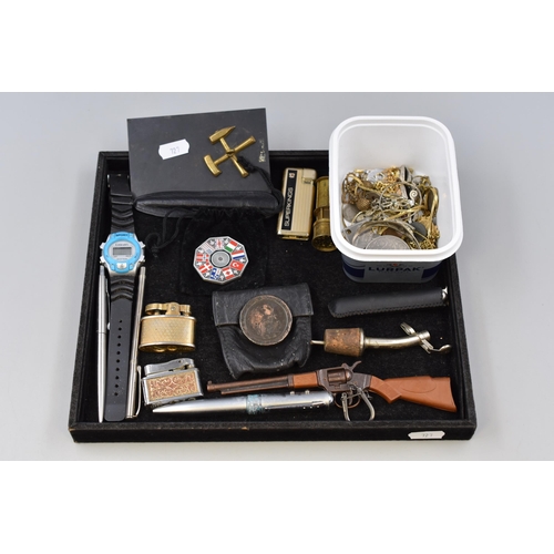 118 - Mixed collection of items to include, Coins, Jewellery, Toy gun, Miners Symbol, Vintage Lighters and... 