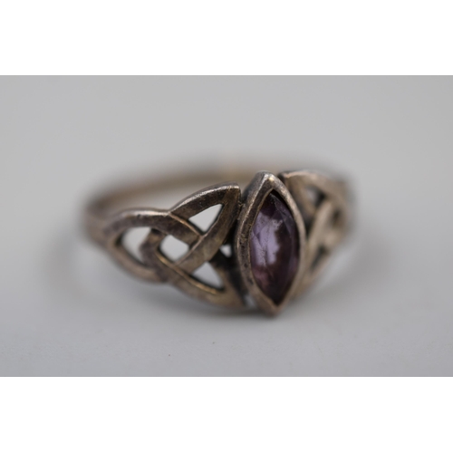 25 - A 925. Silver Celtic Style Purple Stoned Ring, Size O