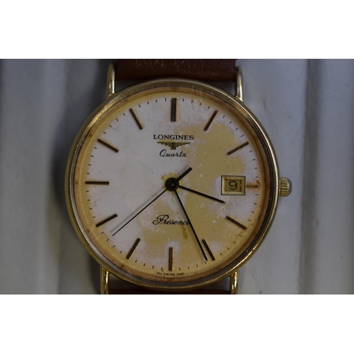 27 - Longines Quartz Presence 9ct Gold Cased Watch with Leather Strap (a/f)