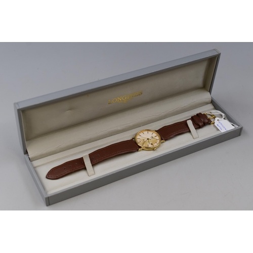 27 - Longines Quartz Presence 9ct Gold Cased Watch with Leather Strap (a/f)