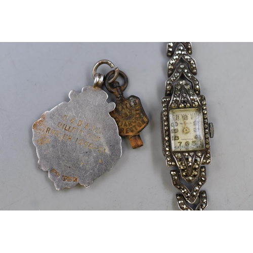 29 - A Silver Cased Marcasite Stoned 19 Jewels Ladies Watch (Working), With Hallmarked Birmingham Silver ... 