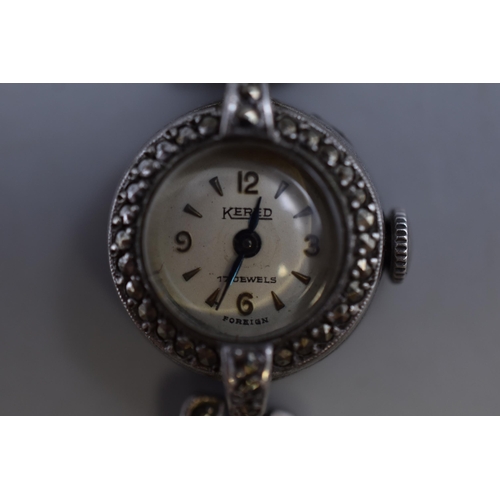 31 - A 925. Silver Case and Strap 17 Jewels Marcasite Stoned Ladies Watch