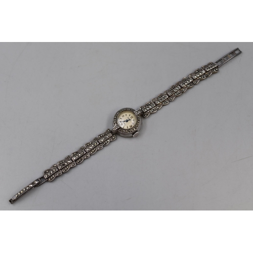 31 - A 925. Silver Case and Strap 17 Jewels Marcasite Stoned Ladies Watch