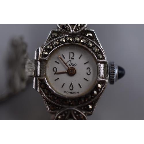 33 - A 925. Silver Case and Strap Ciro Marcasite Stoned Ladies Watch