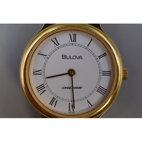 132 - A Gold Tone Bulova Longchamp Mechanical Gents Watch, Working