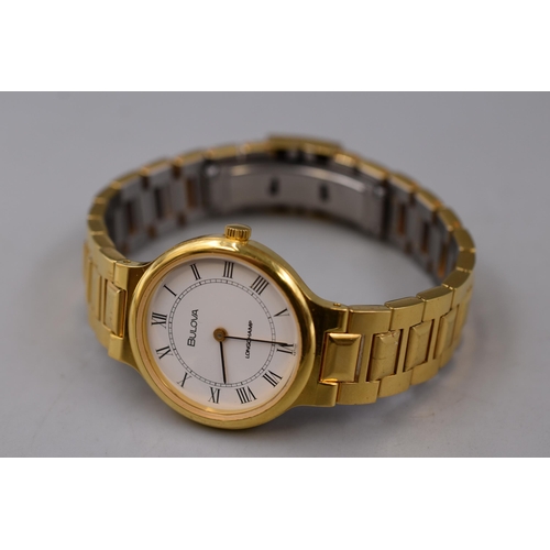 132 - A Gold Tone Bulova Longchamp Mechanical Gents Watch, Working