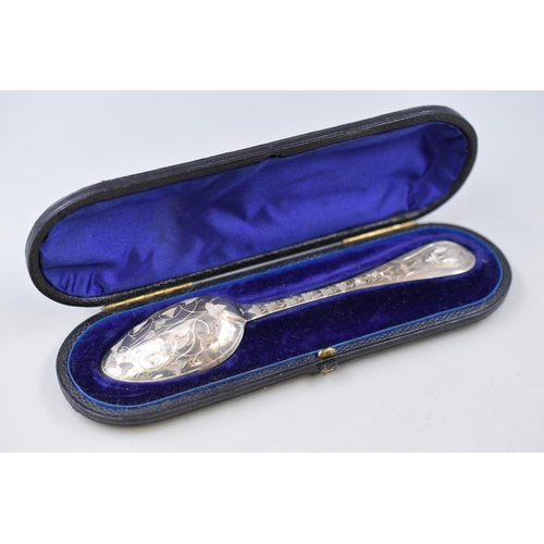 49 - Victorian Hallmarked Sterling Silver Christening Spoon in fitted Leather Case