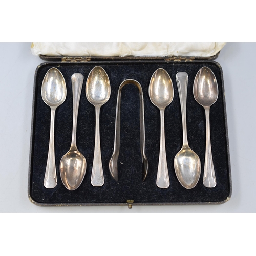 50 - Set of Six Silver Hall Marked Tea Spoons with Sugar Nips in Case (Case as found) approx. 125g