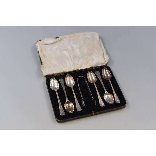 50 - Set of Six Silver Hall Marked Tea Spoons with Sugar Nips in Case (Case as found) approx. 125g