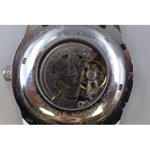 139 - A Gent's Prince of London Automatic Skeleton Watch With Leather Strap. Working