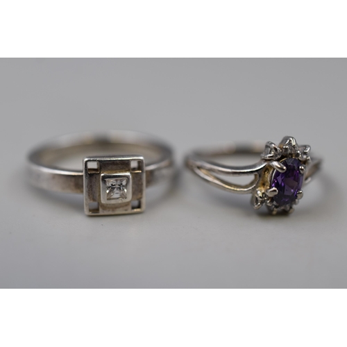 52 - Two Silver 925 Rings with Clear and Amethyst Stones