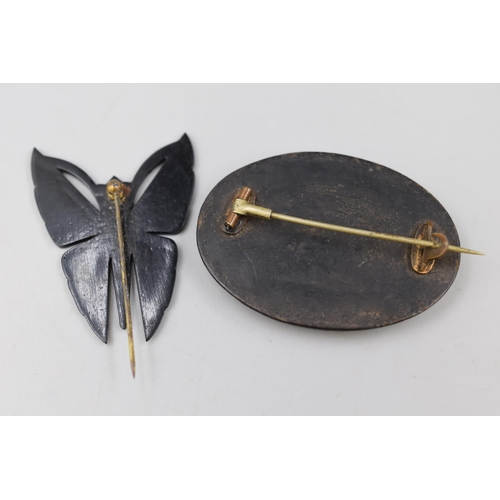 58 - Two Pieces of Antique Jet Jewellery To Include Butterfly Pin, And Art Nouveau Style Brooch