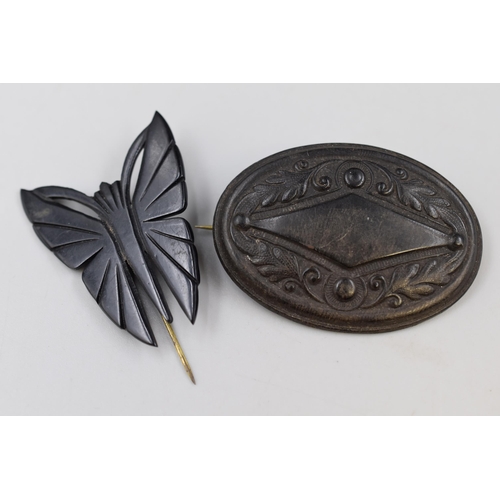 58 - Two Pieces of Antique Jet Jewellery To Include Butterfly Pin, And Art Nouveau Style Brooch