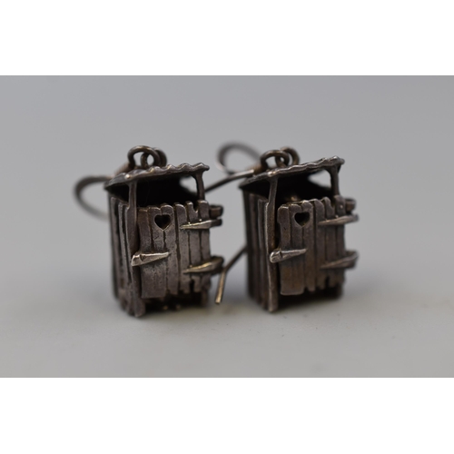 61 - Silver 925 Humorous Rustic Hut Earrings