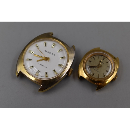 147 - Two Mechanical Gold Tone Watch Heads To Include Chancellor 17 Jewels (Working), And Timex