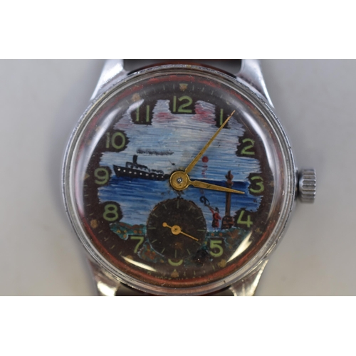 153 - Pobeda 15 Jewel 1955 USSR Hand Painted Dial Gents Watch with Leather Strap (Working)