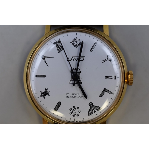 155 - Uno Swiss Made Mechanical 17 Jewels Masonic Numeric Faced Gents Watch with Leather Strap (Working)