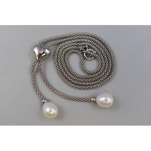 77 - Silver 925 Heart Necklace with two Faux Pearls Dangling