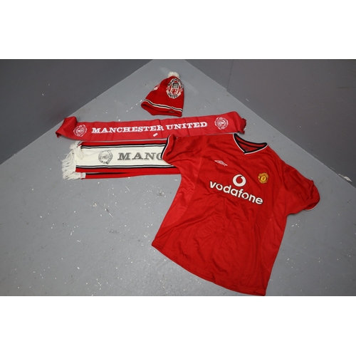 528 - A Selection of Manchester United Merchandise To Include 00/01 Home Shirt (L), Scarf, Bobble Hat, And... 