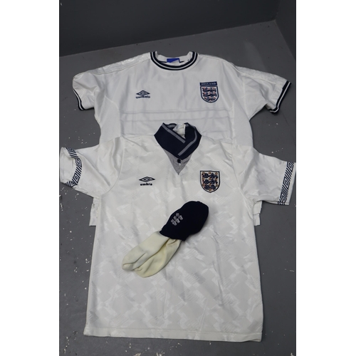 529 - Two England Football Shirts (One is Replica), With Pair of England Football Socks. Includes 2000 Hom... 