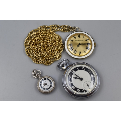 82 - Three Pocket Watches, Old England on Chain, Small Pratina and Large Gersoll