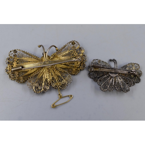 83 - Two Vintage 800 Continental Silver Filigree Butterfly Brooches