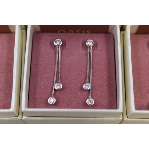 85 - Three Pairs of Silver 925, Pink Stoned Dangly Earrings Complete in Presentation Boxes