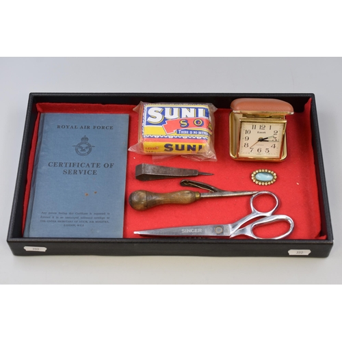 87 - Mixed Selection including Royal Airforce Certificate of Service Book, Singer Scissors, Travel Clock ... 