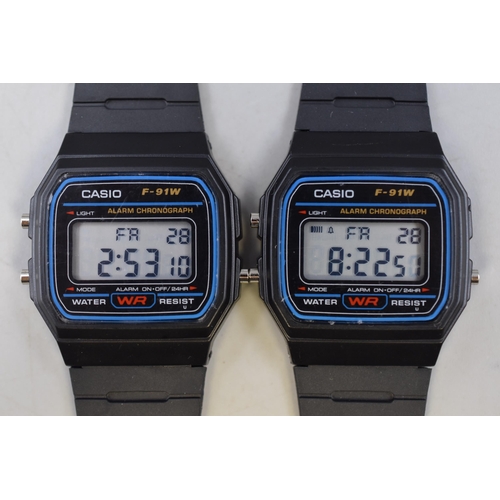 168 - Two Casio Digital F-91W Digital Watches, Working