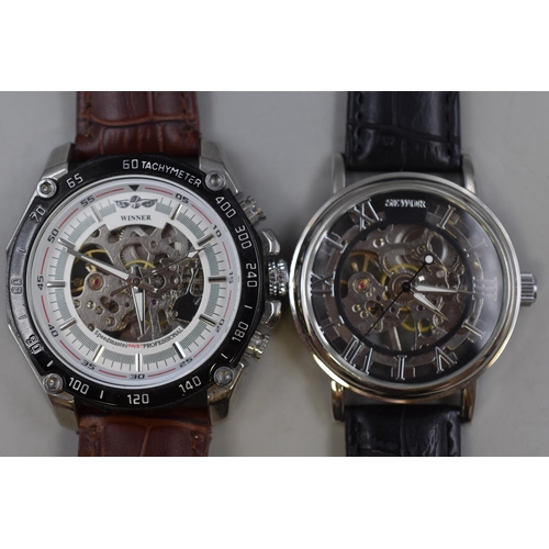 89 - Three Gents Mechanical Skeleton Watches, Includes Sewor, Rousseau, And Winner. Working