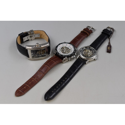 89 - Three Gents Mechanical Skeleton Watches, Includes Sewor, Rousseau, And Winner. Working