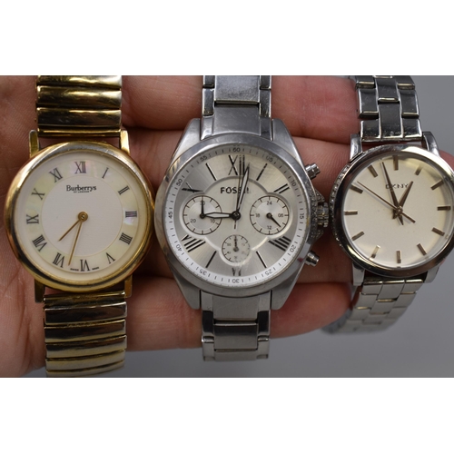 169 - Three Ladies Quartz Watches To Include DKNY, Burberry's, And Fossil. Working