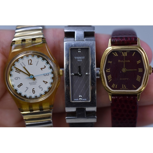 171 - Three Ladies Quartz Watches To Include Swatch, Bulova, And Tissot. Working