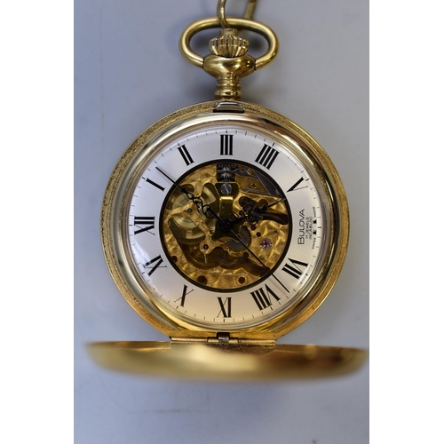 98 - A Bulova Gold Tone 17 Jewels Full Hunter Skeleton Pocket Watch, With Chain. Working