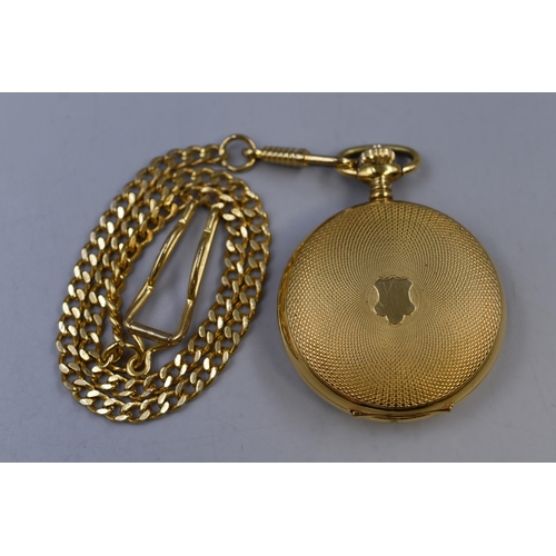 98 - A Bulova Gold Tone 17 Jewels Full Hunter Skeleton Pocket Watch, With Chain. Working