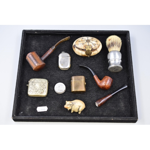 104 - A Selection of Vintage Collectables To Include Vesta Cases, Travel Inkwell, Shaving Brush, Smoking P... 