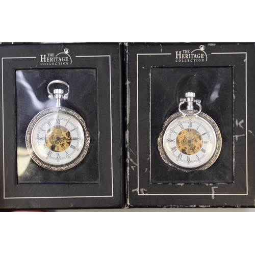 114 - Four Boxed Heritage Collection Skeleton Mechanical Pocket Watches, Working