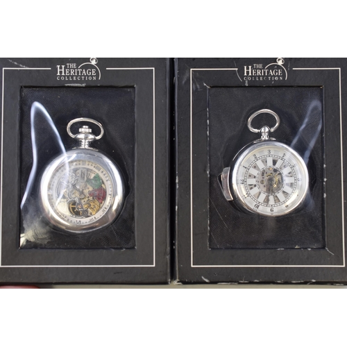 114 - Four Boxed Heritage Collection Skeleton Mechanical Pocket Watches, Working