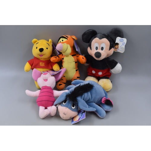 734 - Five Disney Soft Toys Complete with Tags inclduing Mickey Mouse and Winnie the Pooh