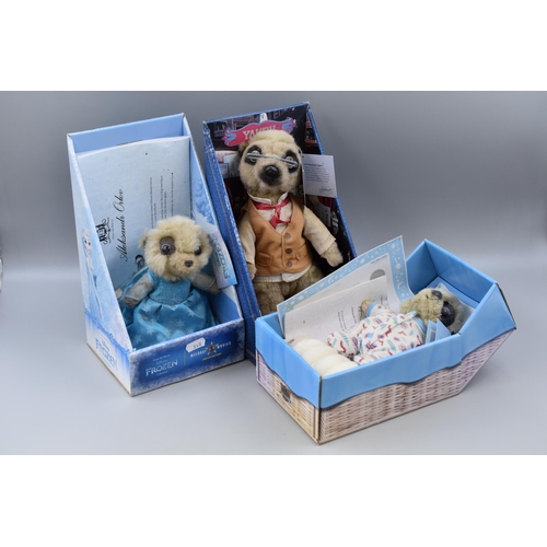 735 - Three Compare The Meerkat Boxed Soft Collectables To Include Yakov, Oleg, And Anaya As Elsa From Fro... 