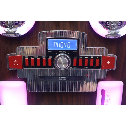 437 - An Akura Jukebox Music Centre (FM Radio, Record Player, CD Player, Aux). Powers On and Lights Up Whe... 