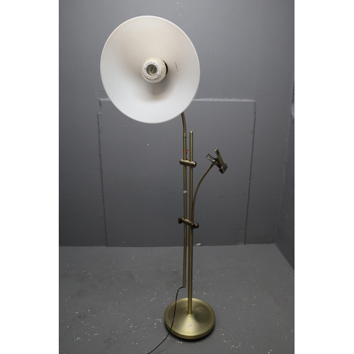 438 - A Large Adjustable Brushed Metal Floor Lamp With Clamp, Lights Up When Tested