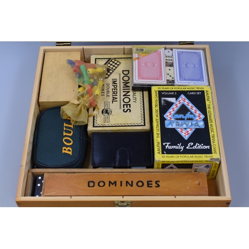 442 - A Selection of Tabletop Games in Vintage Style Wine Box, To Include Playing Cards, Two Sets of Doubl... 