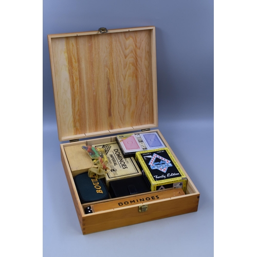 442 - A Selection of Tabletop Games in Vintage Style Wine Box, To Include Playing Cards, Two Sets of Doubl... 