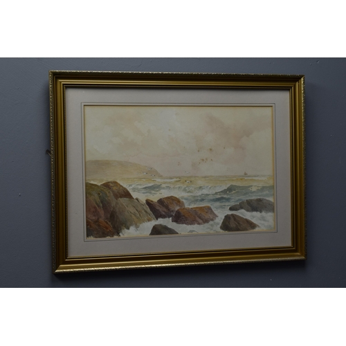 631 - Framed and Glazed J W Craddock Hand Painted Watercolur Ocean Waves Crashing onto Rocks Scene Signed ... 