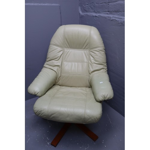 591 - Retro Swivel Recliner Chair in Beige Faux Leather and Wood Legs Complete with Footstool