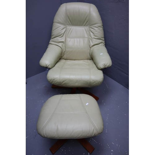 591 - Retro Swivel Recliner Chair in Beige Faux Leather and Wood Legs Complete with Footstool